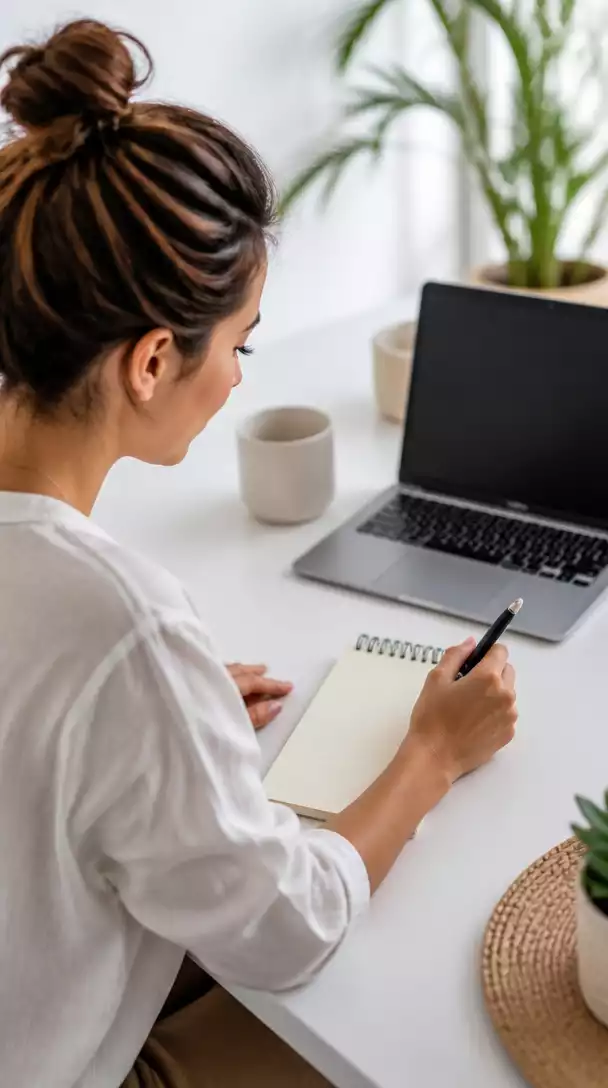 Person taking notes and planning their affiliate marketing strategy, with a notepad and pen, laptop in the background, no text, no words, no typography, no labels, clean image