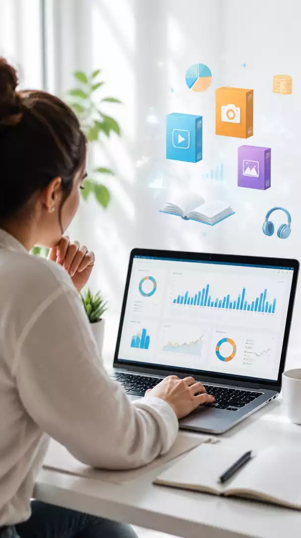 Person researching affiliate marketing platforms on a laptop, with graphs and digital product icons in the background, no text, no words, no typography, no labels, clean image