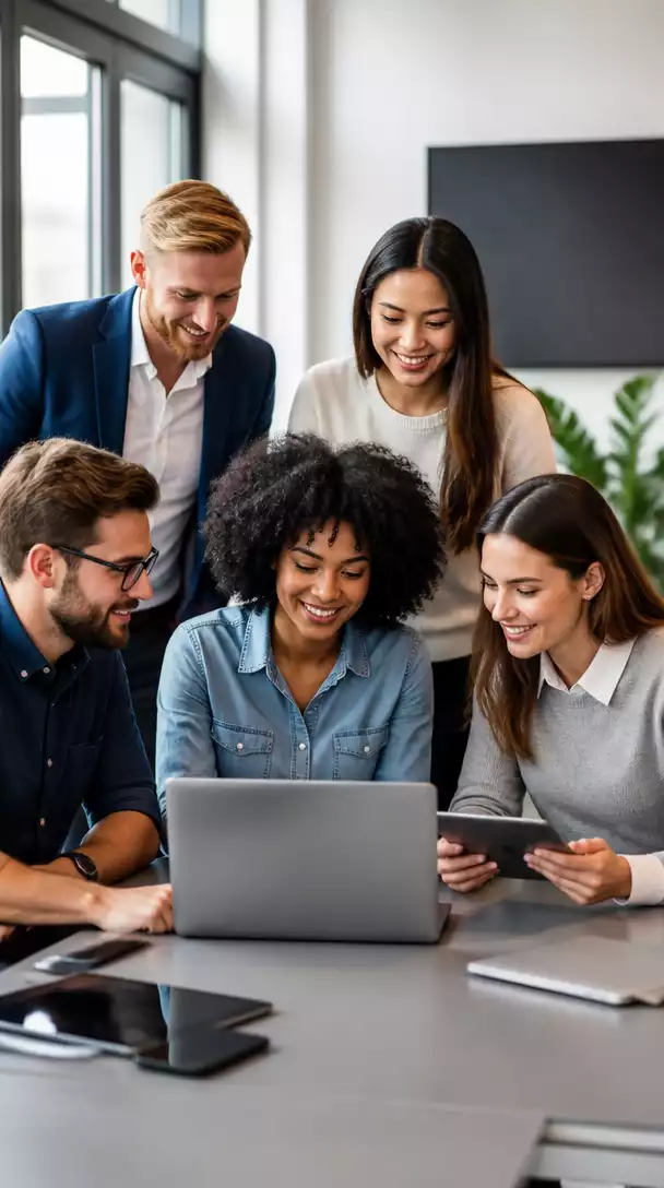 Diverse group of people collaborating on digital marketing strategies, using laptops and tablets in a modern office setting, professional photography, bright and clean, no text, no words, no typography, no labels, clean image