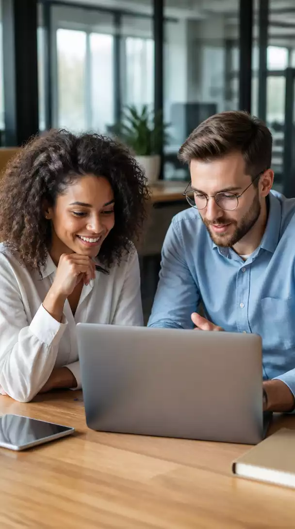 Two people collaborating on a laptop, representing a successful affiliate marketing partnership
