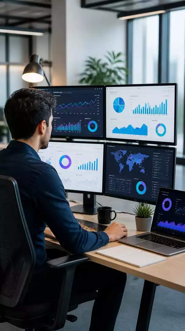 Digital marketing professional analyzing SEO data and conversion rates on multiple screens in a modern office, no text, no words, no typography, no labels, clean image