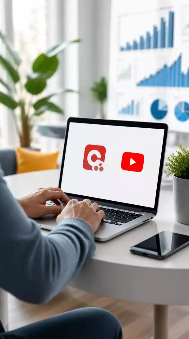 Person using a laptop with ClickBank and YouTube logos on the screen, showing a successful affiliate marketing setup, no text, no words, no typography, clean image