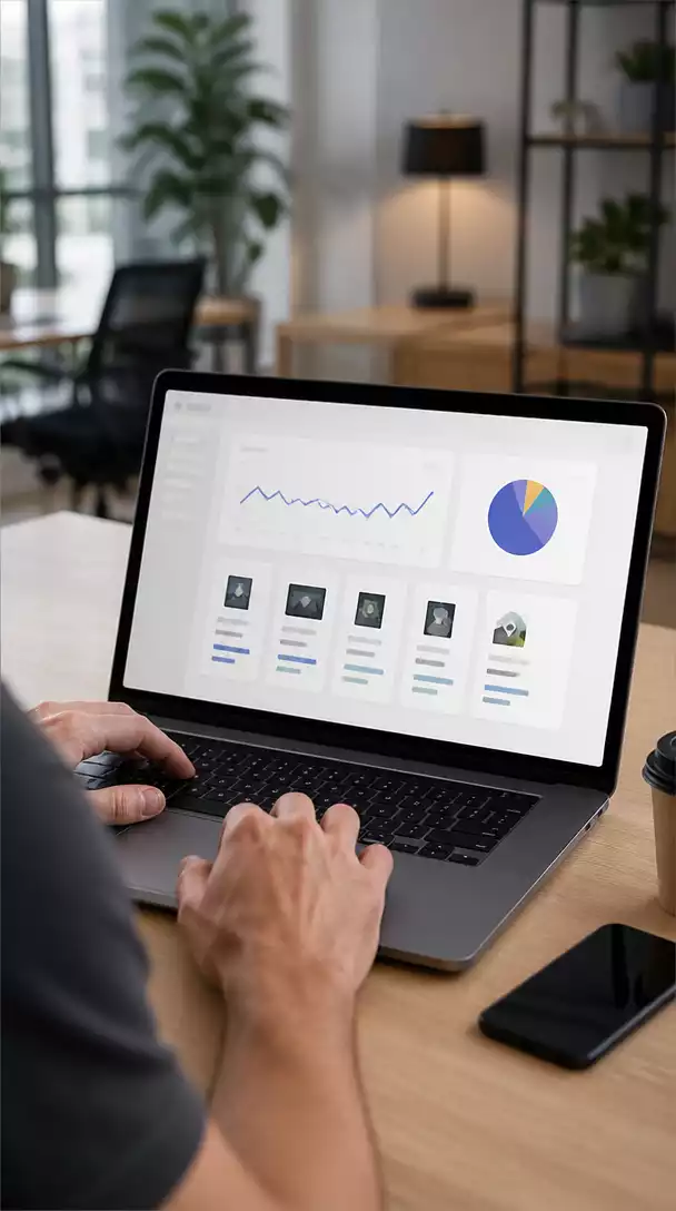 Person using a laptop with ClickBank dashboard on screen, showing analytics and product listings, clean background, no text, no words, no typography, no labels, clean image