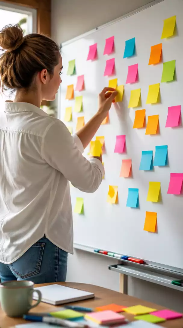 Person brainstorming keyword ideas with sticky notes and a whiteboard, representing creative strategy