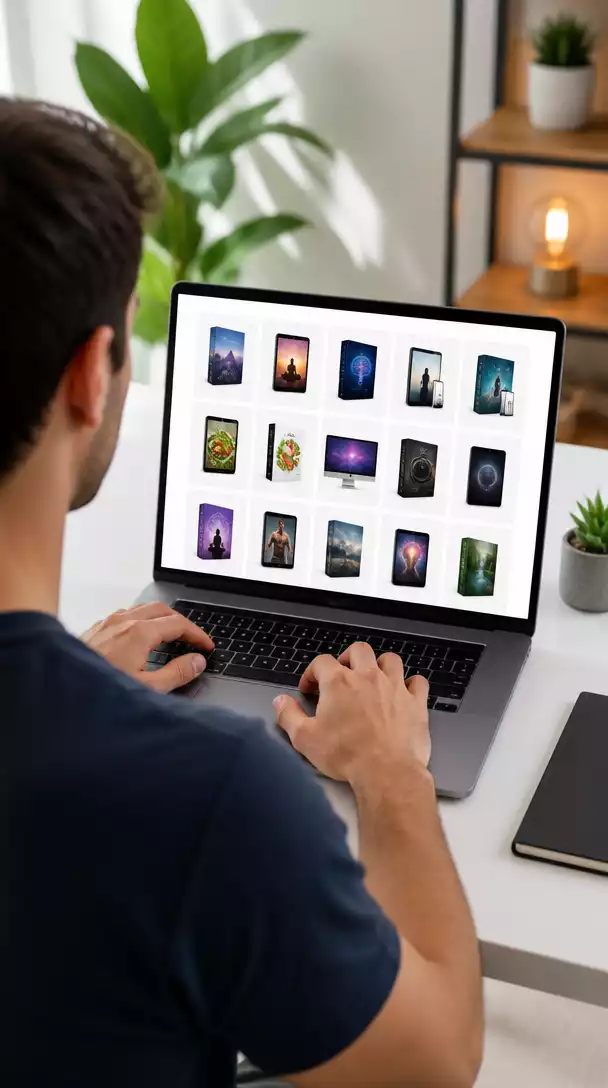 Person using a laptop to browse the ClickBank marketplace, with digital products displayed on screen, no text, no words, no typography, no labels, clean image