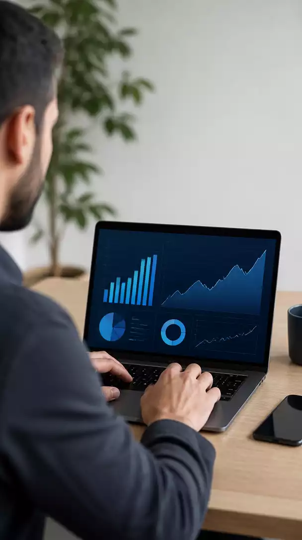 Person using a laptop with charts and graphs on screen, representing affiliate marketing earnings, clean background, no text, no words, no typography, 8K