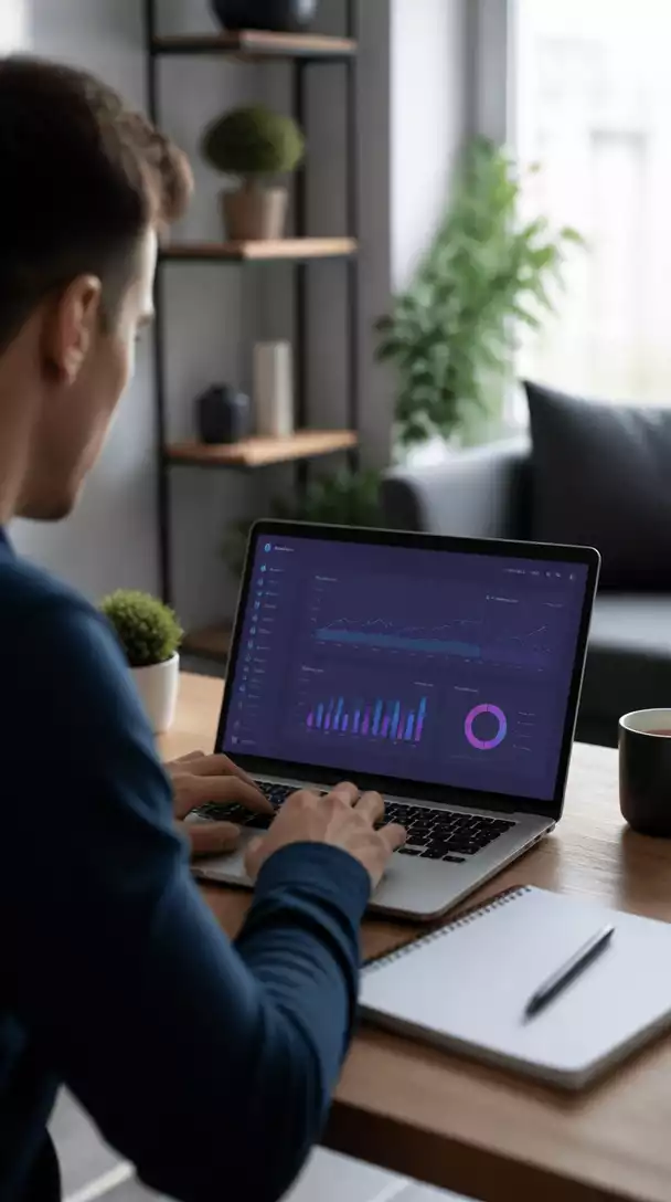 Person using a laptop with affiliate marketing dashboard, clean modern office, no text, no words, no typography, clean image
