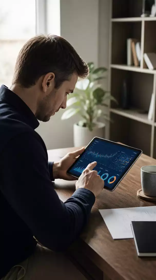 Person analyzing financial data on a tablet, focused expression, modern workspace, no text, no words, no typography, clean image