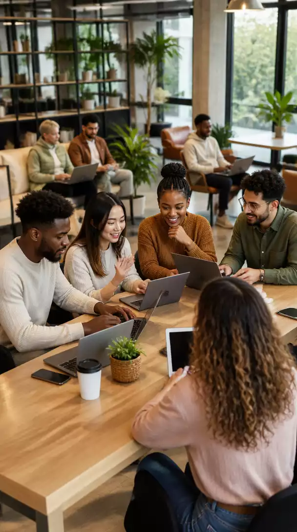 Diverse group of people collaborating on laptops and tablets in a modern co-working space, representing community engagement and networking in affiliate marketing, no text, no words, no typography, 8K, natural lighting
