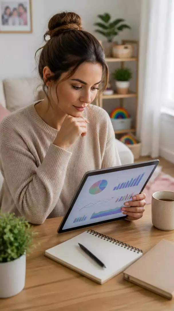 A stay-at-home mom reviewing progress charts and analytics on a tablet, with a focused expression, representing strategy adjustment and goal setting, no text, no words, no typography, no labels, clean image