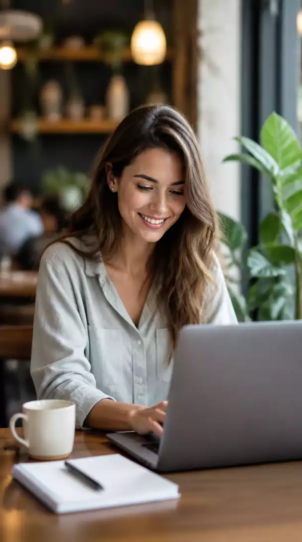 Woman happily working on her laptop at a cafe, showing a successful affiliate marketing strategy, with a coffee cup and notebook on the table, natural light, no text, no words, no typography, no labels, clean image