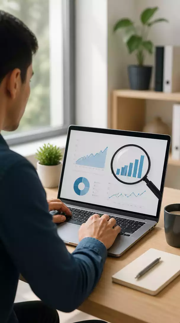 Person using a laptop to research market trends, with a magnifying glass icon over a chart, clean workspace, natural light, no text, no words, no typography, no labels, clean image