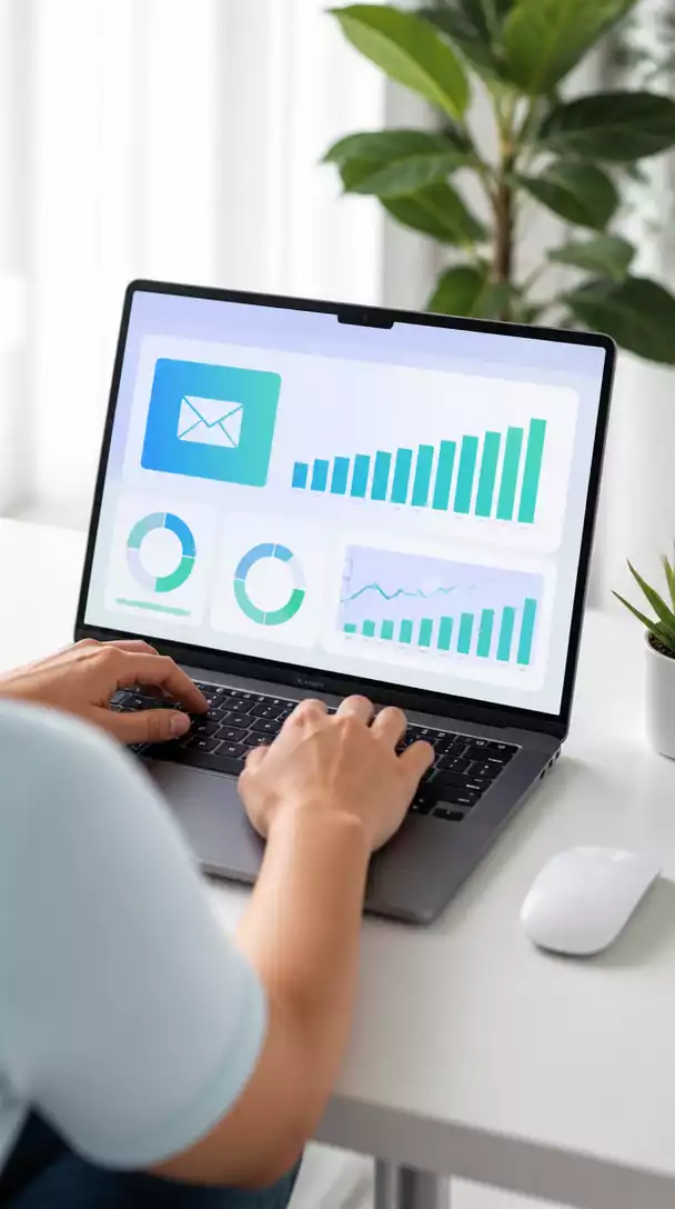 Person using a laptop with email marketing analytics on screen, showing growth and engagement metrics, no text, no words, no typography, no labels, clean image