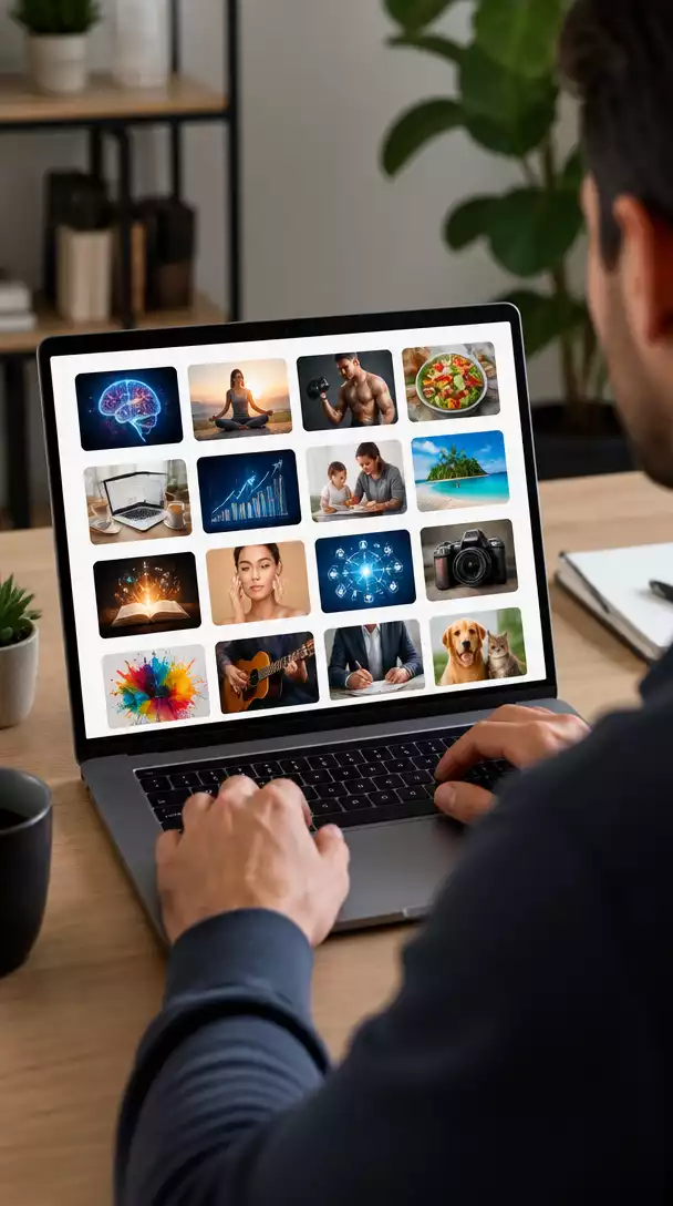 Person using a laptop to browse the ClickBank marketplace, with various digital product categories displayed on screen, no text, no words, no typography, no labels, clean image