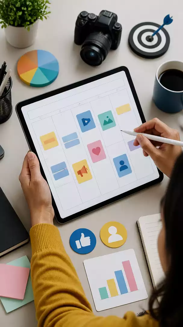 Person creating a content calendar on a tablet, surrounded by marketing tools, symbolizing organized promotional strategies for affiliate marketing, no text, no words, no typography, no labels, clean image