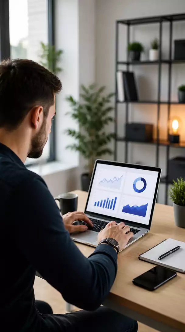 Affiliate marketer analyzing data on a laptop, with charts and graphs on screen, modern office setting, natural lighting, no text, no words, no typography, no labels, clean image