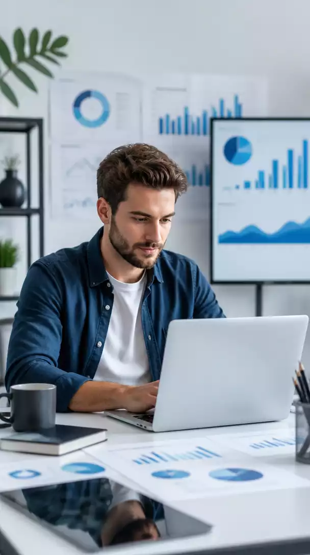 Affiliate marketer researching digital products on a laptop, with charts and graphs in the background, clean image, no text, no words, no typography, 8K