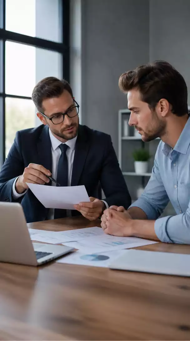 Professional tax consultant explaining tax forms to a ClickBank affiliate, with a laptop showing financial data, clean office environment, no text, no words, no typography, 8K