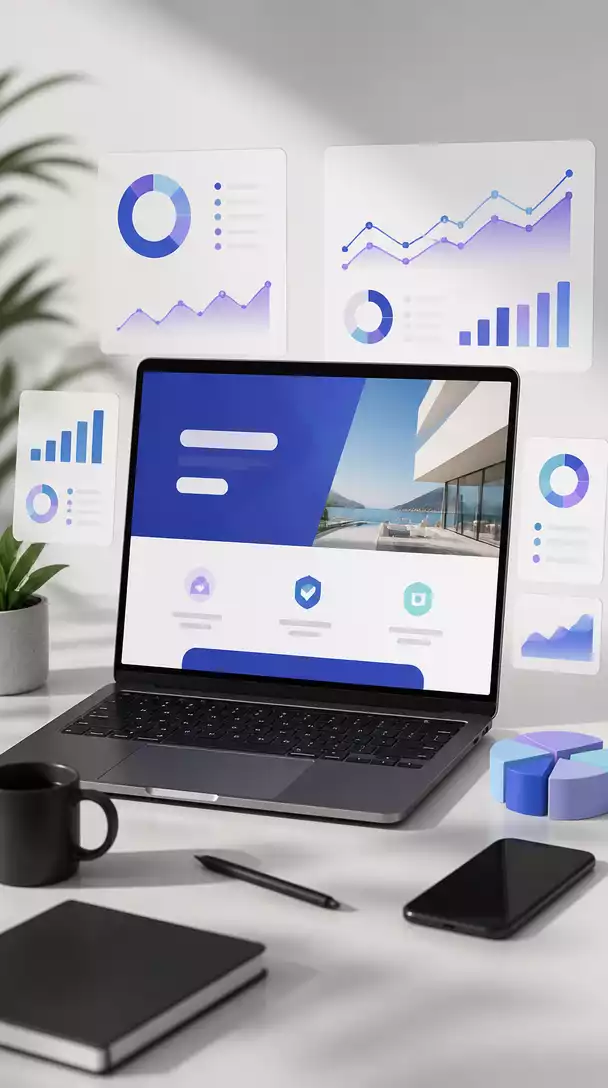 Modern laptop displaying a high-converting landing page with clear call-to-action elements, surrounded by marketing analytics charts, no text, no words, no typography, no labels, clean image