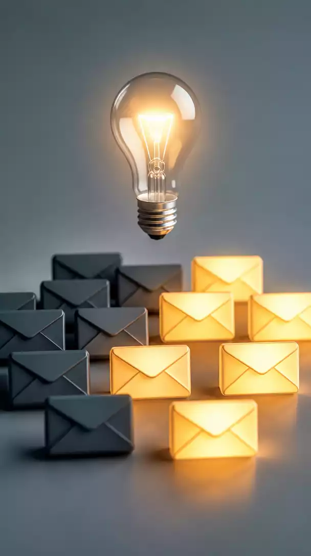 Visual representation of re-engagement campaign, depicting a lightbulb turning on over a group of inactive email icons and active email icons, symbolizing renewed interest and activity, no text, no words, no typography, no labels, clean image