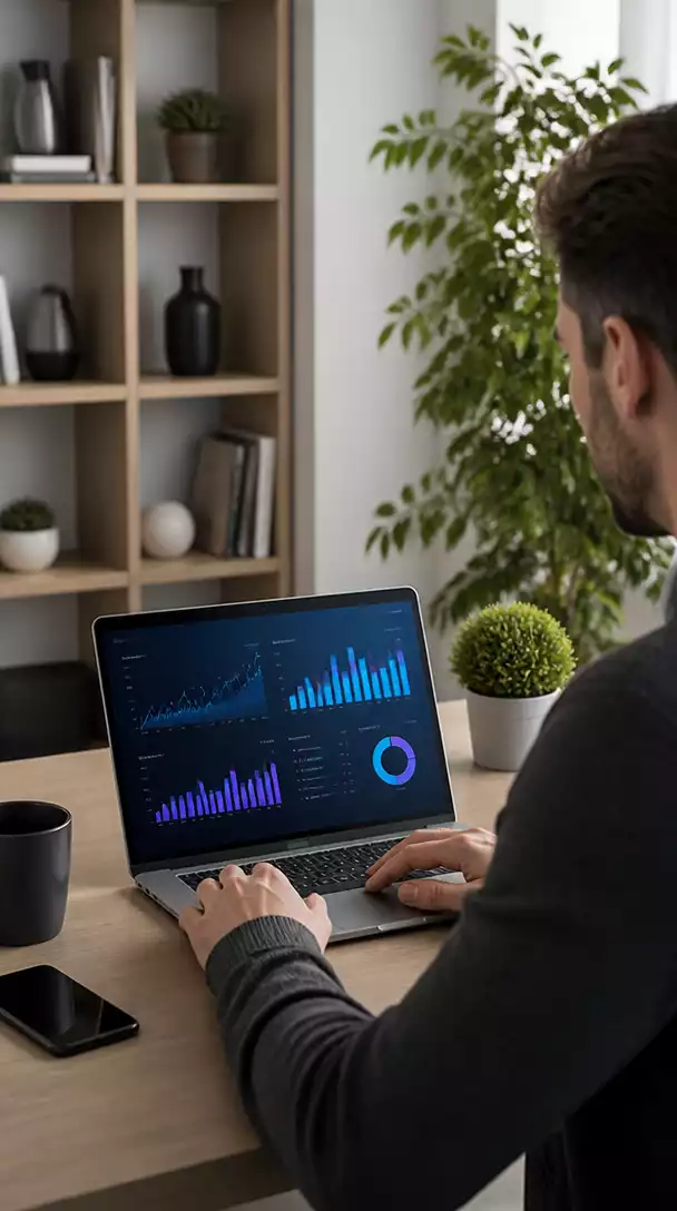 Person using a laptop with charts and graphs, representing passive income generation from online courses