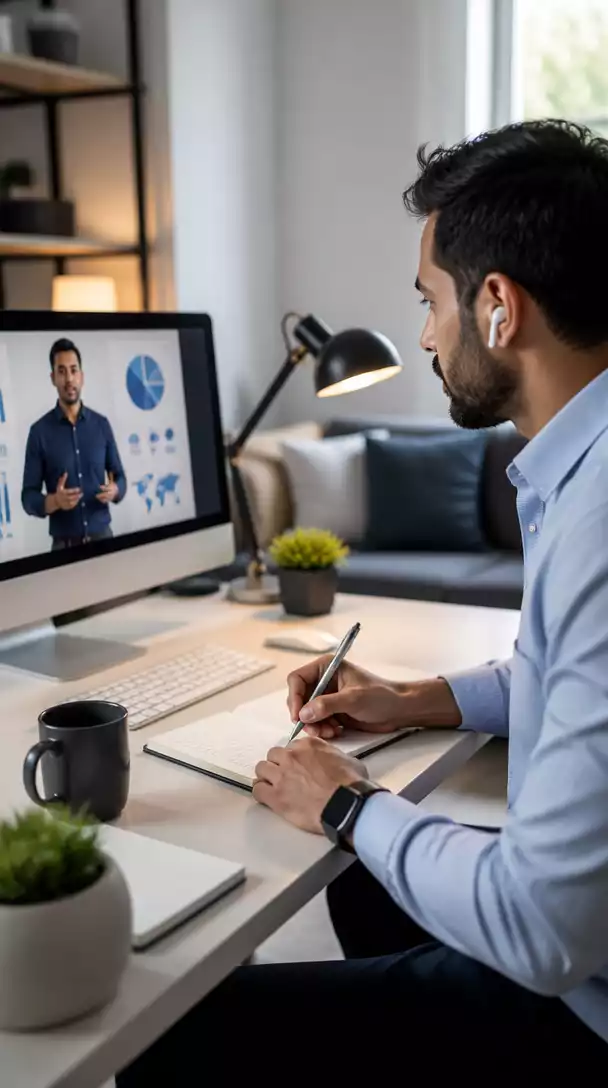 Professional attending an online webinar on digital marketing, taking notes, focused expression, modern home office setting