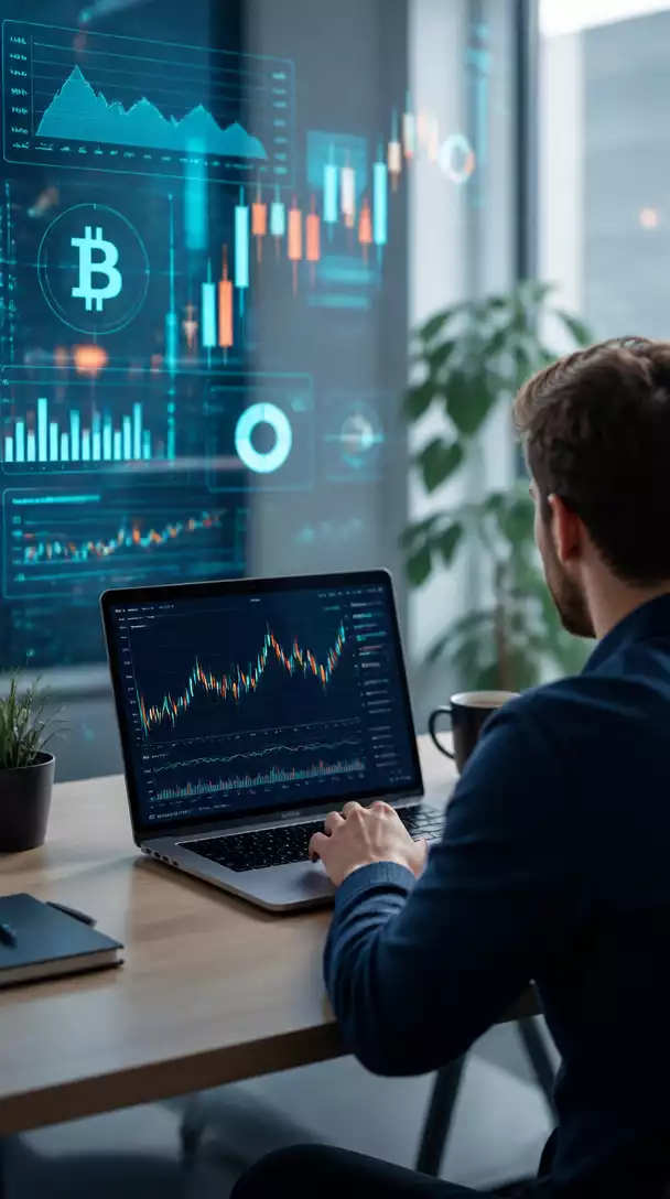 Person analyzing cryptocurrency charts on a laptop with financial data overlayed, clean office setting, no text, no words, no typography, 8K