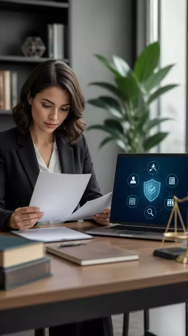Person reviewing legal documents related to online marketing, with a laptop open showing compliance guidelines, clean image, no text, no words, no typography, 8K