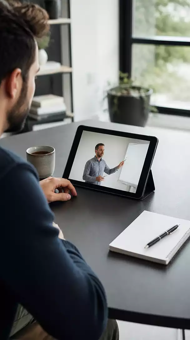 Person studying an online course on a tablet, with a notepad and pen nearby, representing advanced training, no text, no words, no typography, clean image
