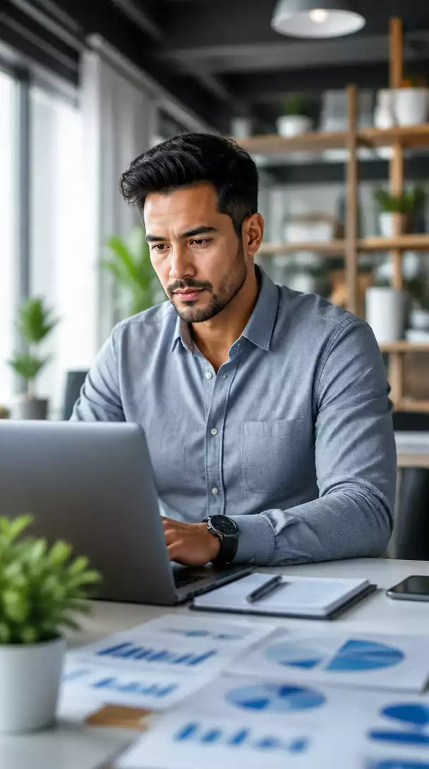 E-commerce store owner analyzing affiliate marketing data on a laptop