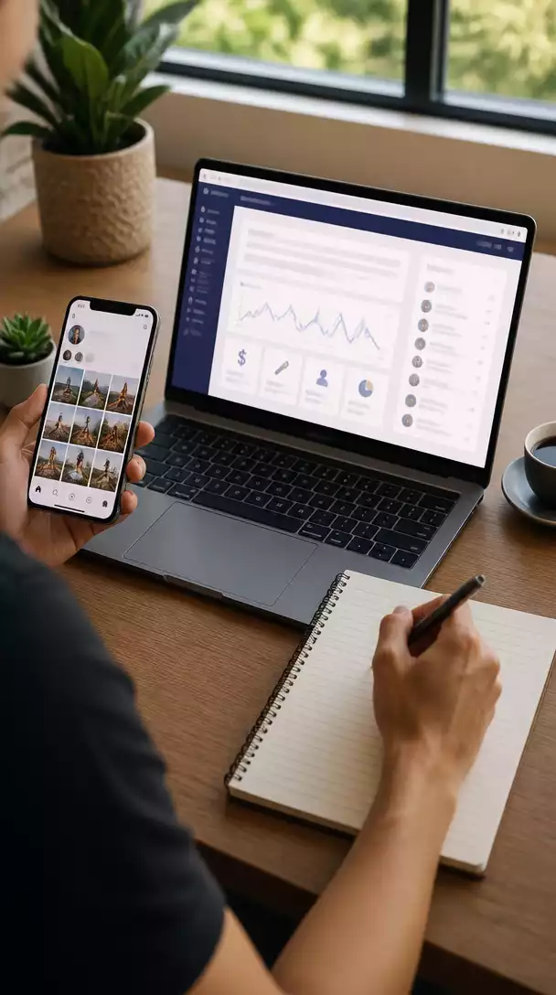 Person using a laptop with ClickBank interface on screen, a smartphone displaying Instagram, and a notebook for planning, representing affiliate marketing strategy, no text, no words, no typography, 8K, natural lighting