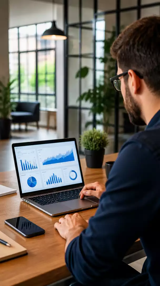 Person analyzing affiliate marketing data on a laptop, showing charts and graphs