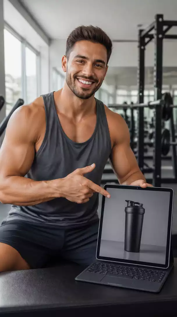 Fitness influencer pointing to a fitness product on a screen, with gym background