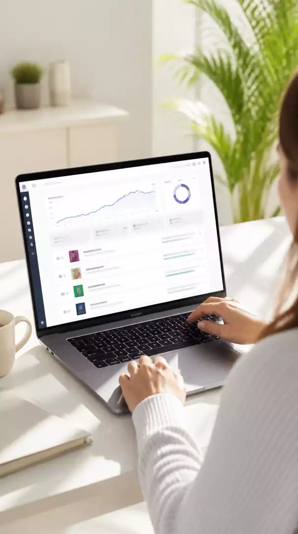 Person using a laptop with ClickBank interface on screen, showing commission earnings, clean desk, bright lighting