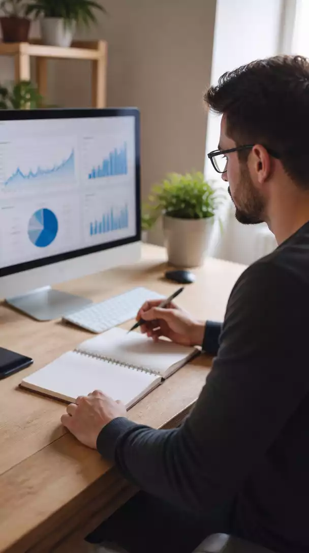 Person implementing SEO strategies for an affiliate marketing niche, with a computer showing analytics and a notepad for content planning, no text, no words, no typography, 8K
