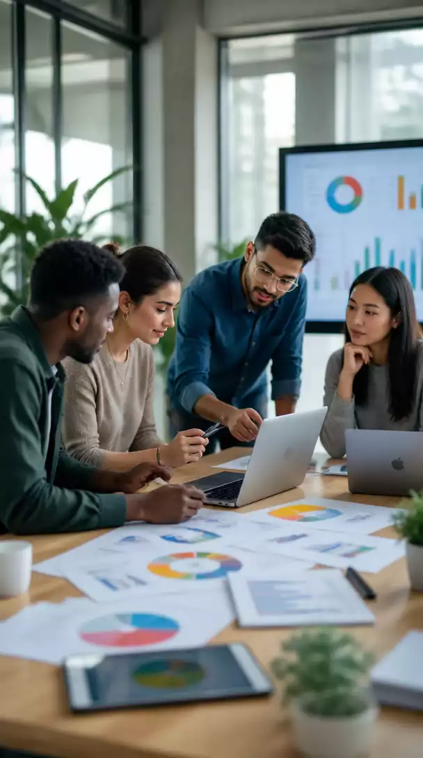 Diverse group of people collaborating on a digital marketing strategy, discussing charts and laptops in a modern office, no text, no words, no typography, 8K