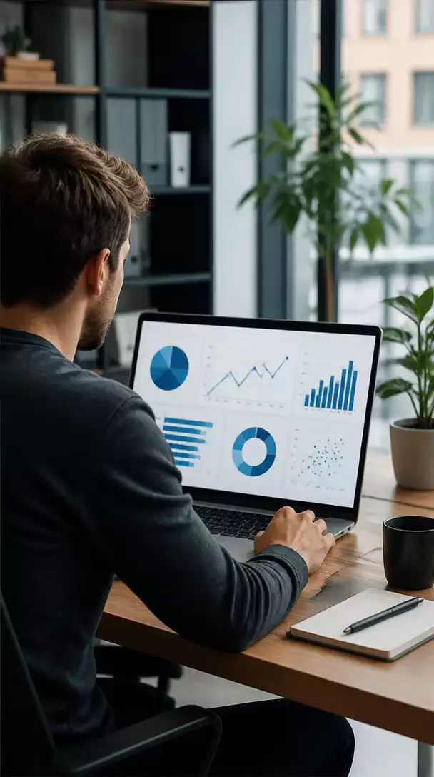 Person researching profitable niches on a laptop, with graphs and charts in the background
