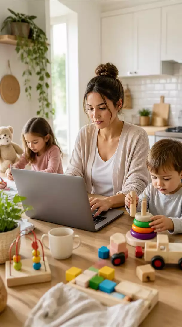 A busy stay-at-home mom working on her laptop at a kitchen table, surrounded by children's toys, illustrating flexibility and balancing family responsibilities, no text, no words, no typography, no labels, clean image