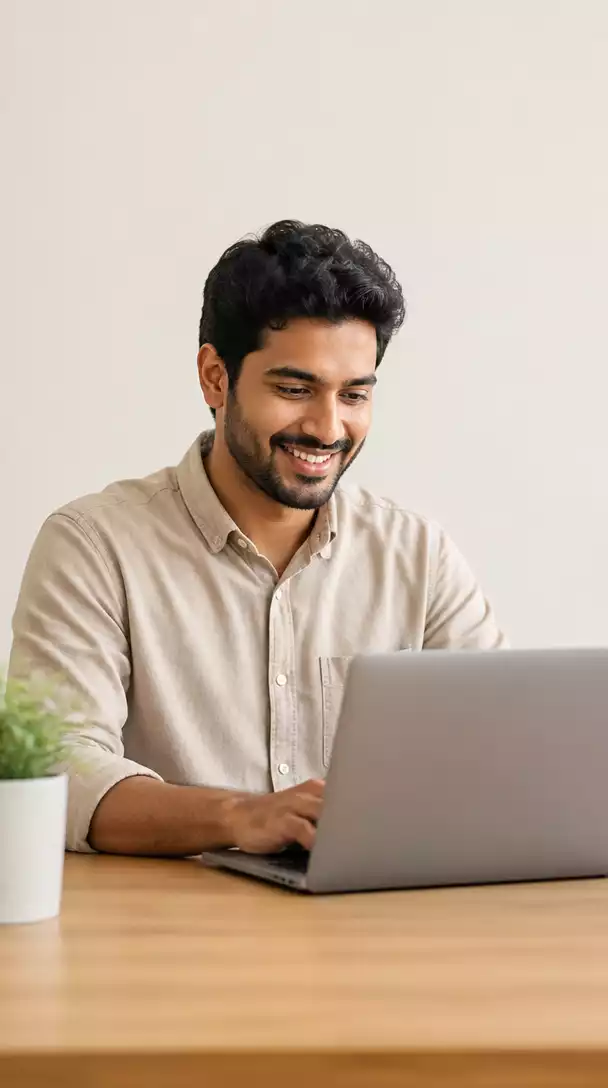 Person happily using a laptop to browse financial products, clean background, no text, no words, no typography, 8K