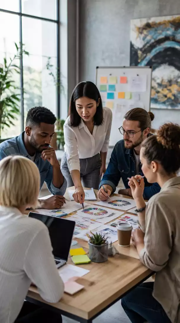 Diverse group of people collaborating on a digital marketing strategy, brainstorming, modern office setting, no text, no words, no typography, 8K