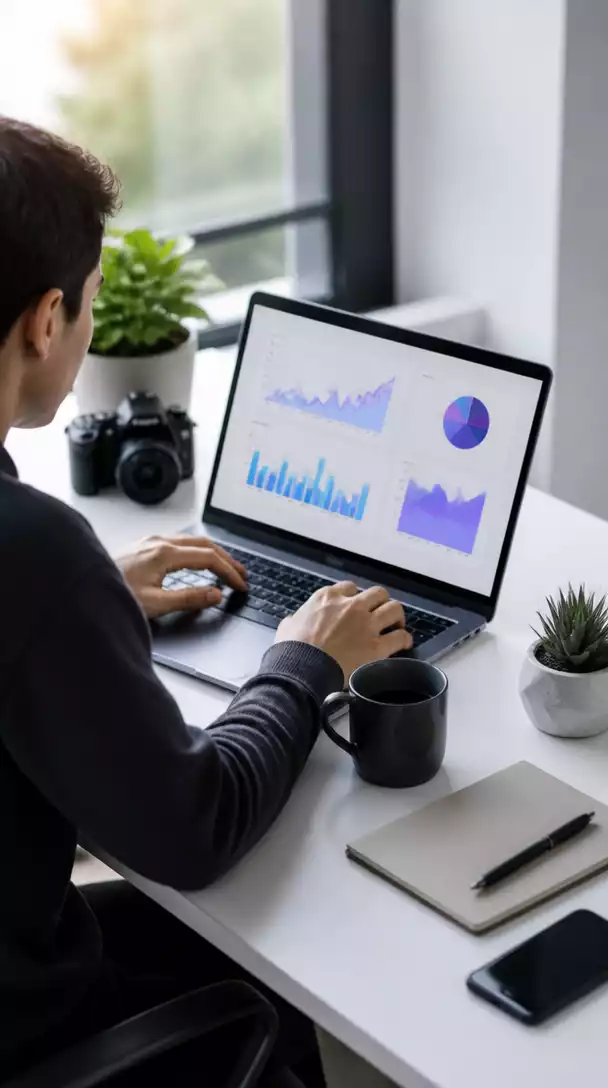 Person analyzing fitness affiliate marketing data on a laptop