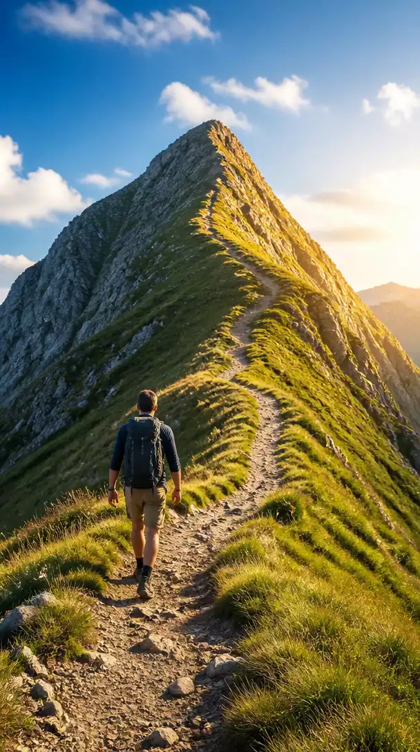 Person climbing a path leading to a mountain peak, symbolizing the journey and growth in affiliate marketing.