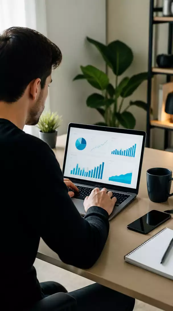 Person researching affiliate marketing on a laptop, with charts and graphs visible, representing data analysis