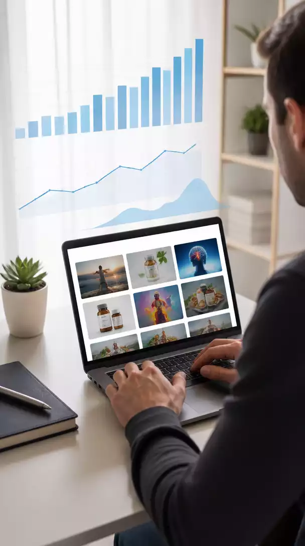 Person using a laptop to browse the ClickBank marketplace, with charts and graphs in the background illustrating passive income growth, no text, no words, no typography, no labels, clean image