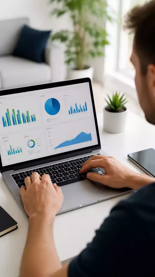 Person researching profitable affiliate marketing niches on a laptop, with charts and graphs visible on screen, no text, no words, no typography, 8K