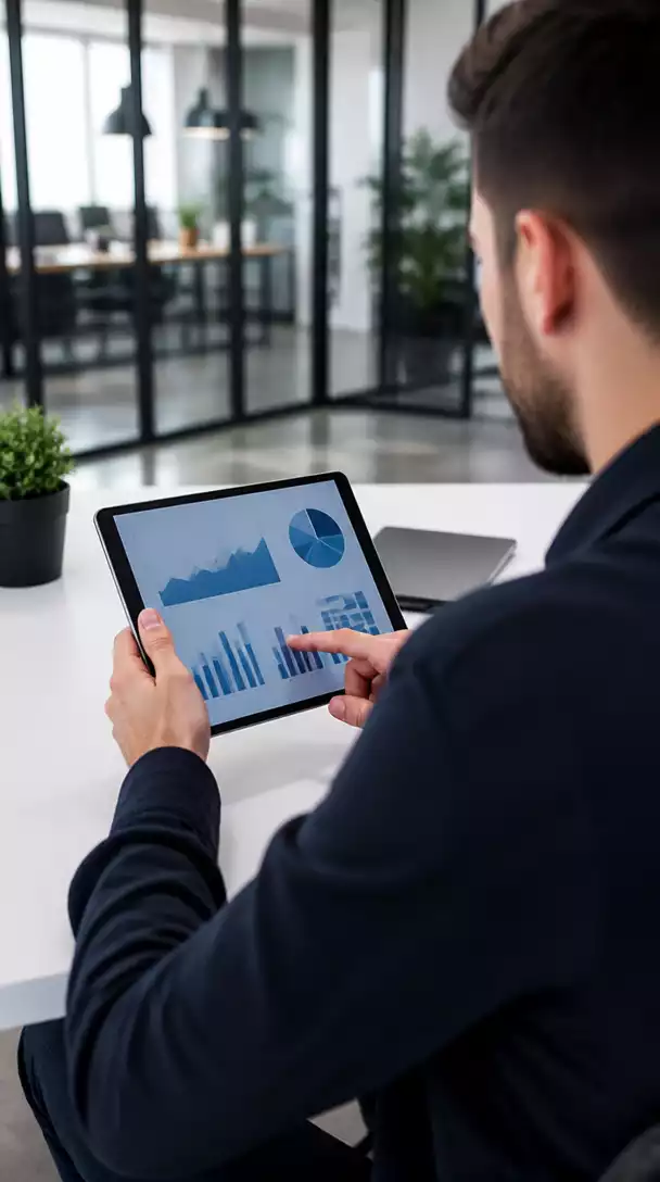 Person reviewing analytics and reports on a tablet, demonstrating strategic planning and analysis for affiliate marketing, clean desk, no text, no words, no typography, no labels, clean image