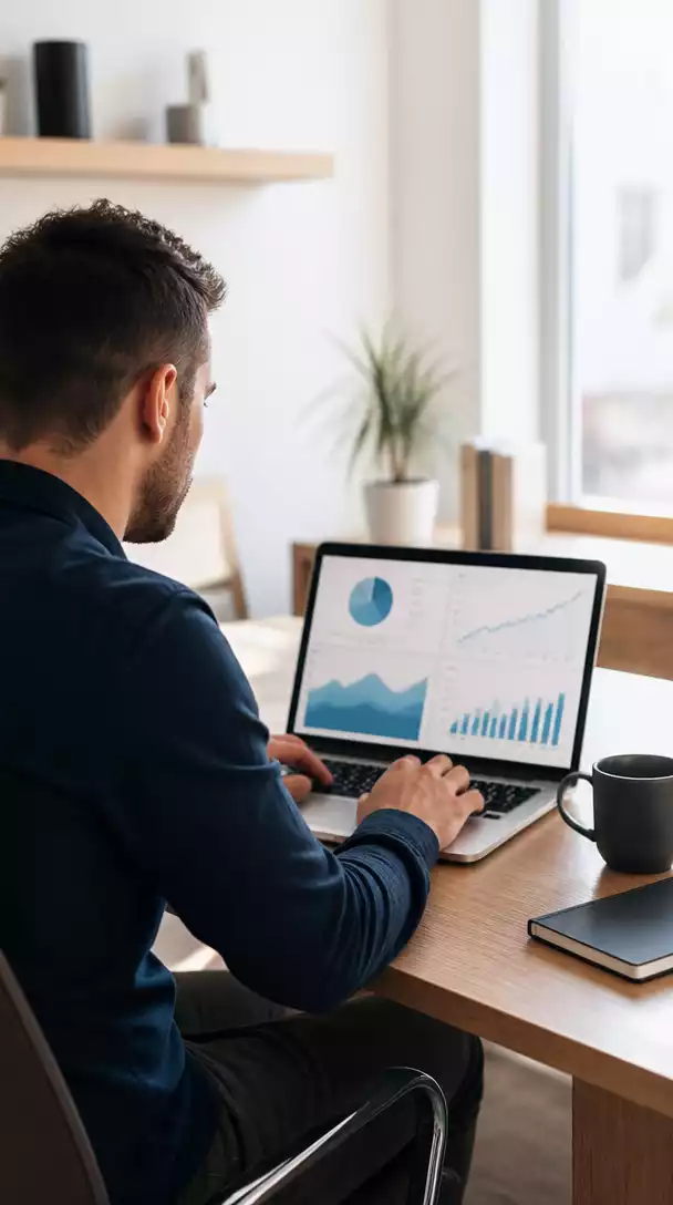 Affiliate marketer analyzing sales data on a laptop, with charts and graphs visible on screen, no text, no words, no typography, clean image