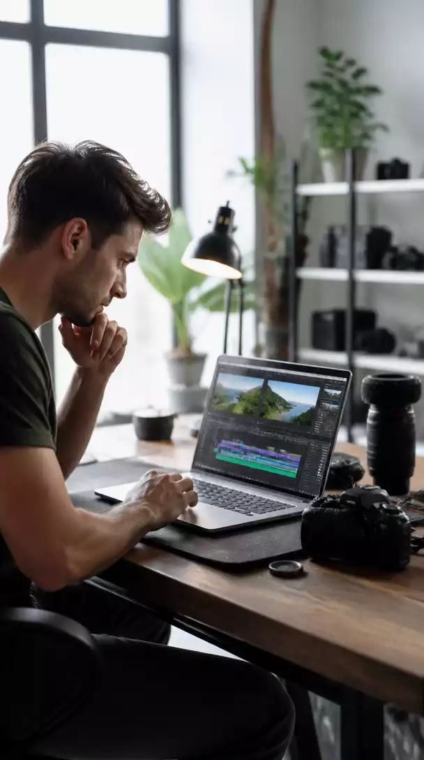 Person creating video content, possibly filming or editing, with a laptop and camera in a modern setting, no text, no words, no typography, clean image