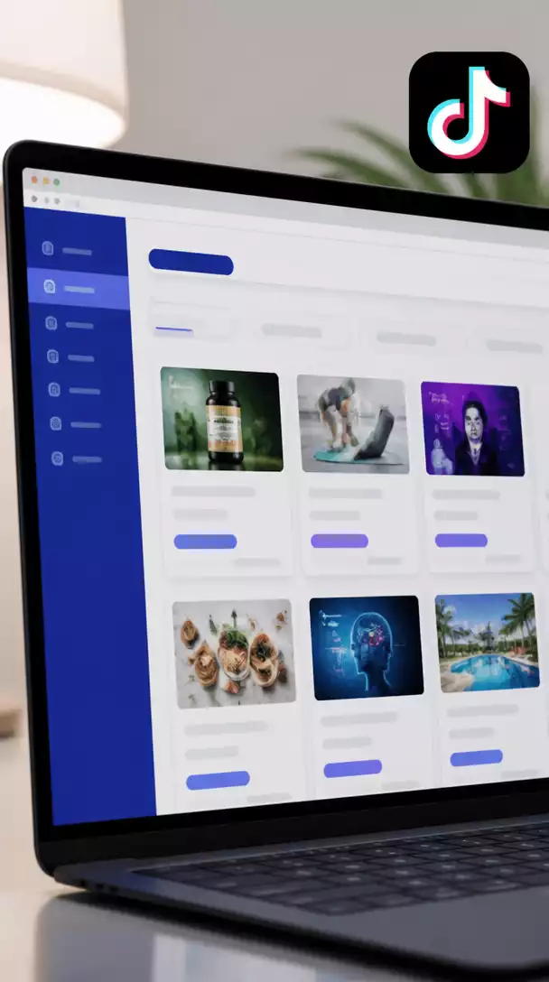 Close-up of a laptop screen showing ClickBank marketplace with TikTok icon in corner