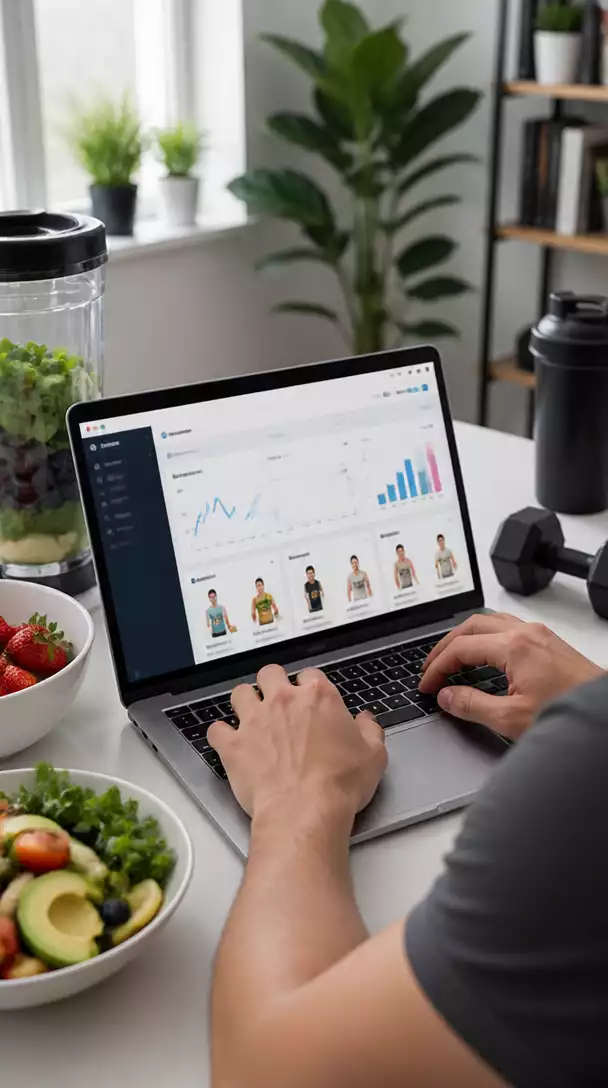 Person using a laptop with ClickBank interface visible, surrounded by healthy food options, symbolizing affiliate marketing in the weight loss niche.